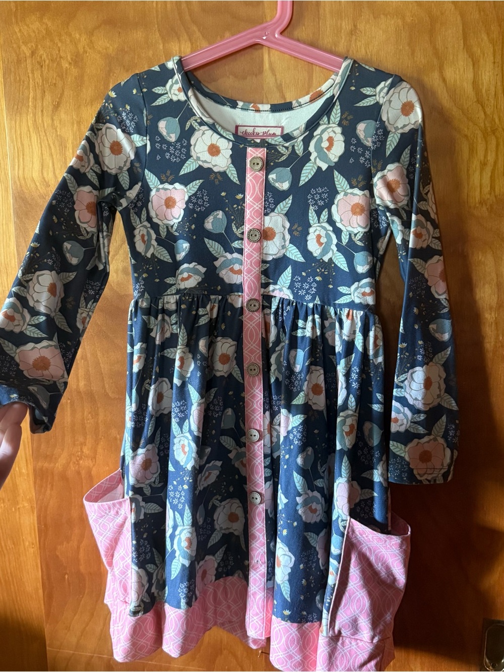 Matilda Jane Navy Floral Long-Sleeve Dress with Pink Trim and Pockets